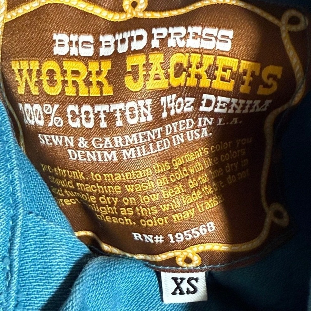 Big Bud Press Work Jacket‎ Teal Blue 100 Cotton Denim XS Boho USA Lux 14 Oz - Picture 5 of 9
